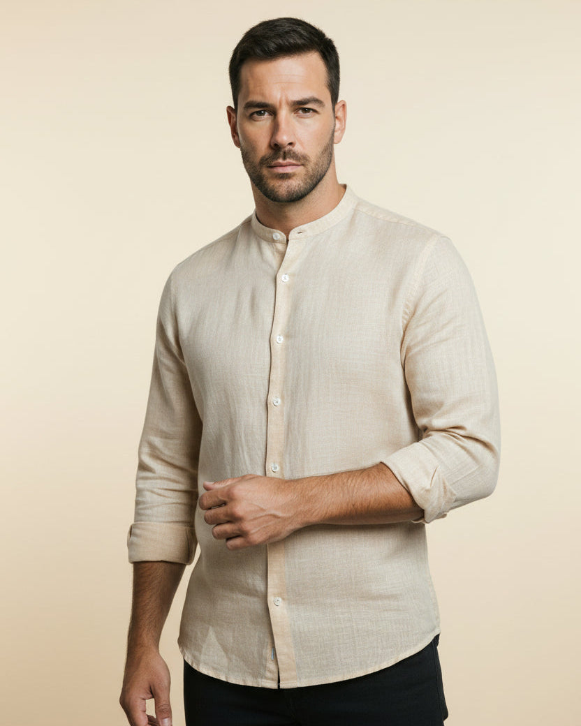 St. Martin Co Mandarin Collar Linen Shirt in Stone — back view
