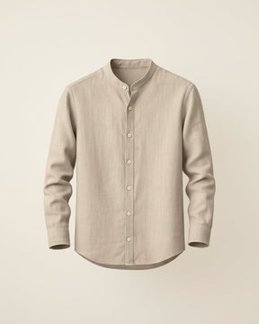 St. Martin Co Mandarin Collar Linen Shirt in Stone — front view