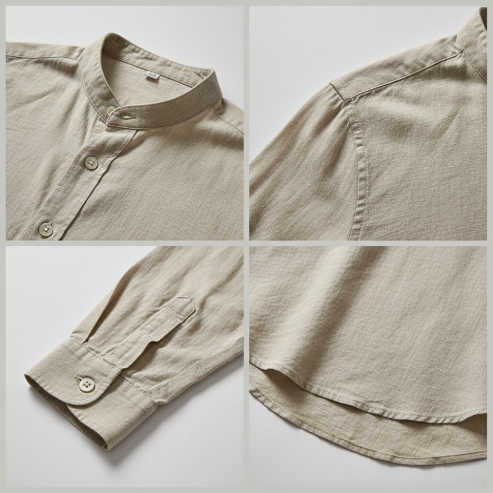 St. Martin Co Mandarin Collar Linen Shirt in Stone — detail view