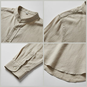 St. Martin Co Mandarin Collar Linen Shirt in Stone — detail view