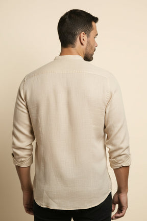 St. Martin Co Mandarin Collar Linen Shirt in Stone — side view