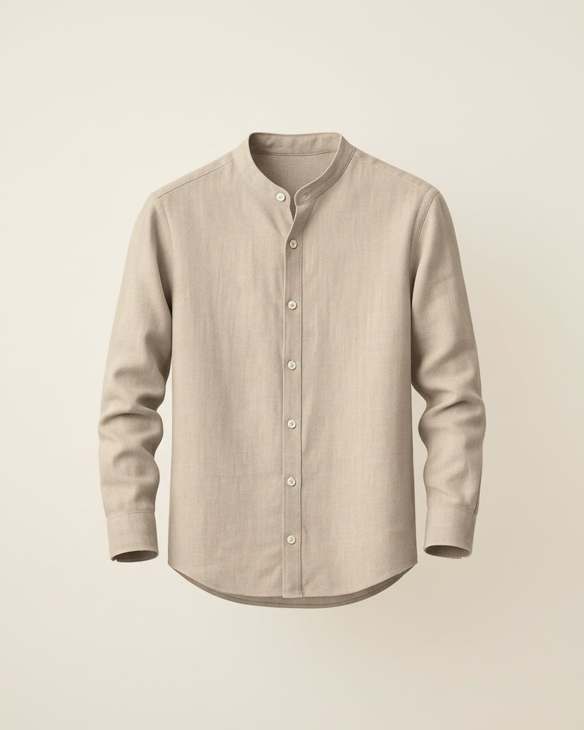 St. Martin Co Mandarin Collar Linen Shirt in Stone — front view