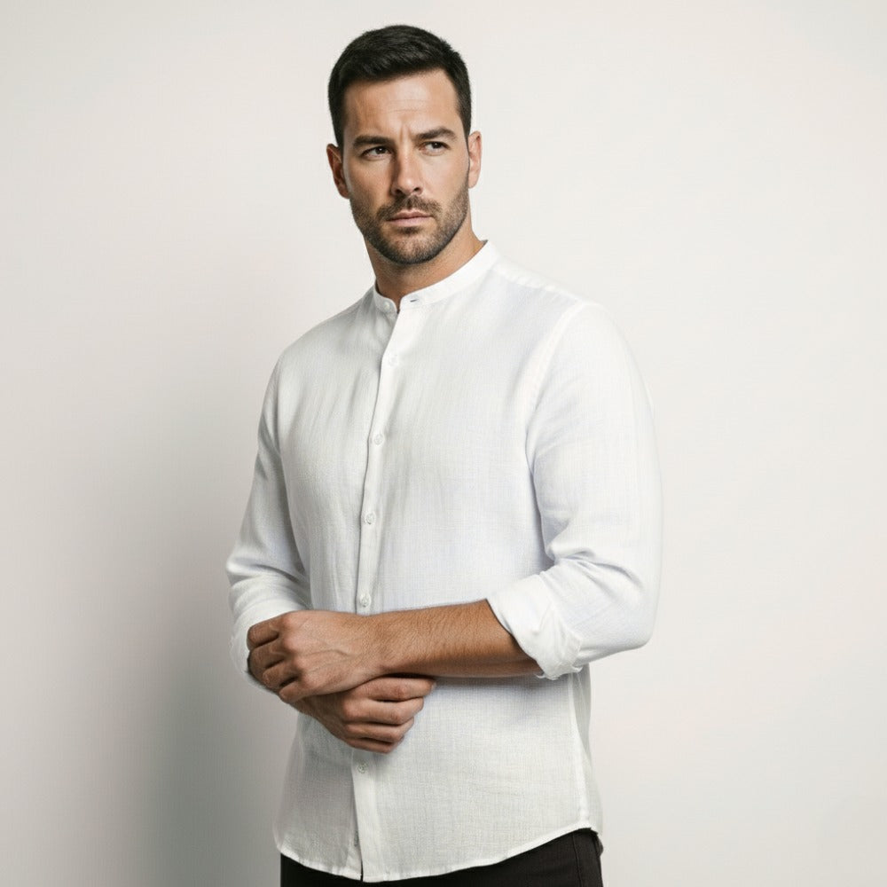 St. Martin Co Mandarin Collar Linen Shirt in Stone — detail view