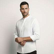 St. Martin Co Mandarin Collar Linen Shirt in Stone — detail view