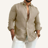 St. Martin Co Sand Linen Open-Collar Dress Shirt — front view