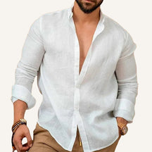 St. Martin Co Sand Linen Open-Collar Dress Shirt — detail view