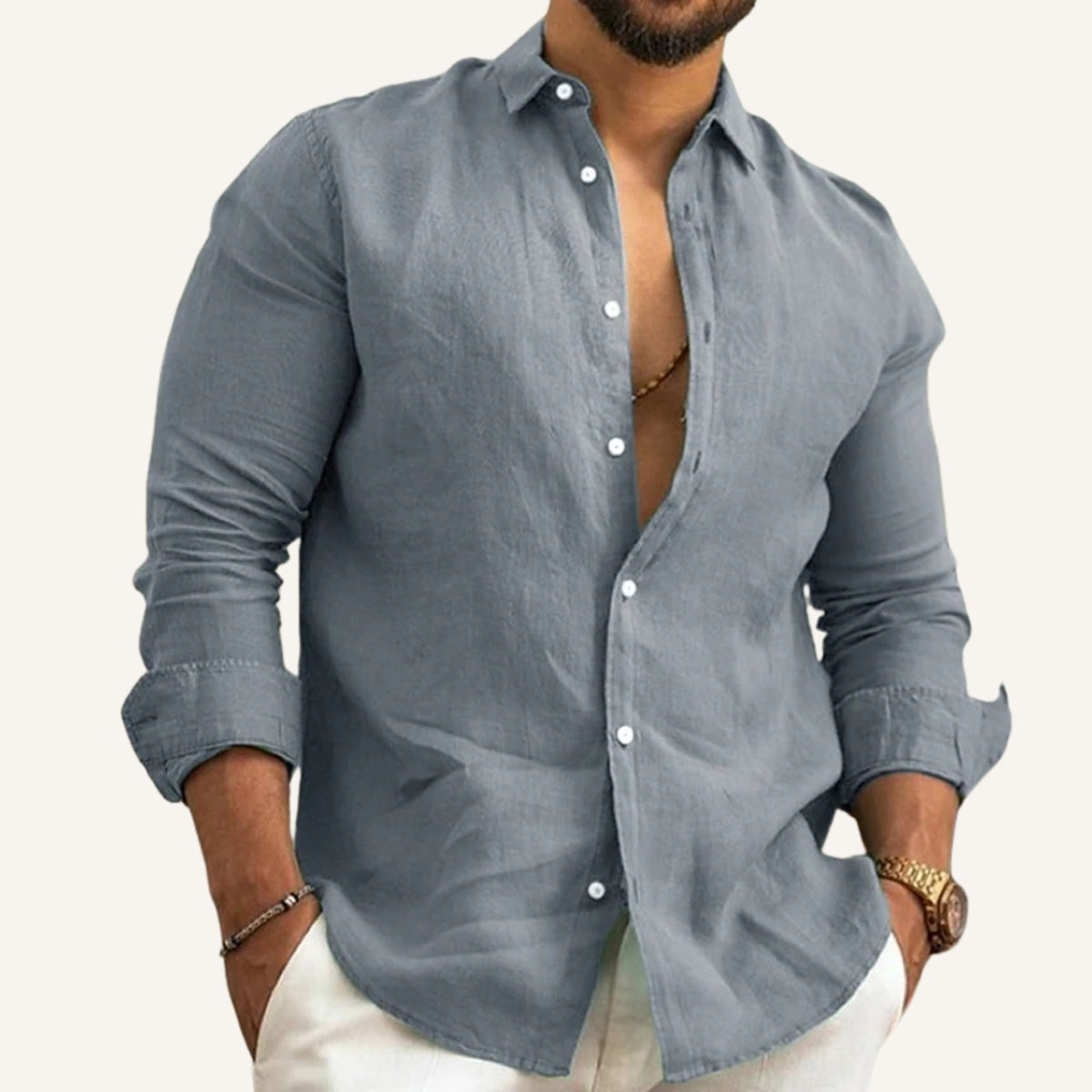 St. Martin Co Sand Linen Open-Collar Dress Shirt — back view