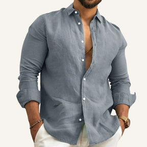 St. Martin Co Sand Linen Open-Collar Dress Shirt — back view