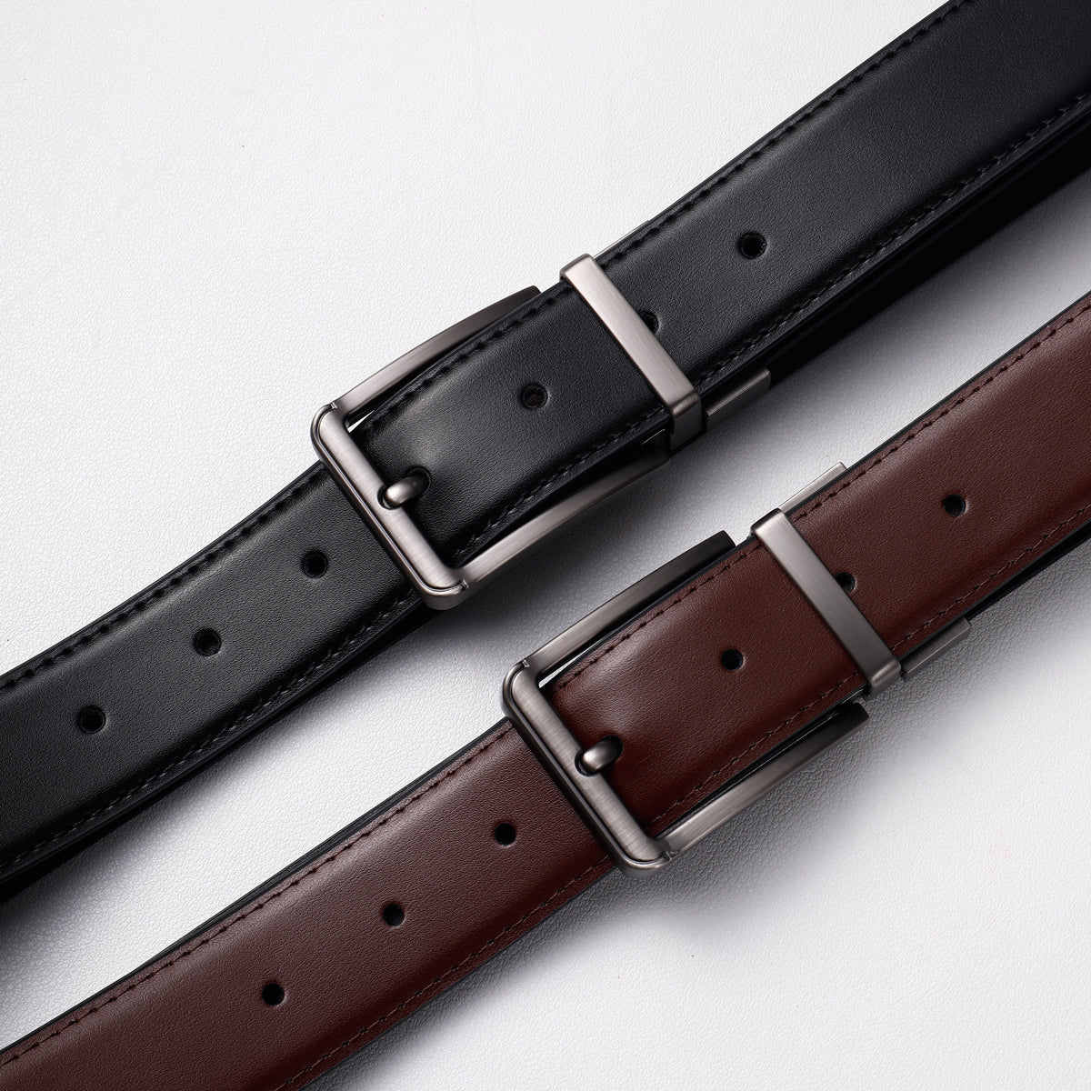 St. Martin Co Reversible Leather Belt Brushed Silver Buckle — detail view