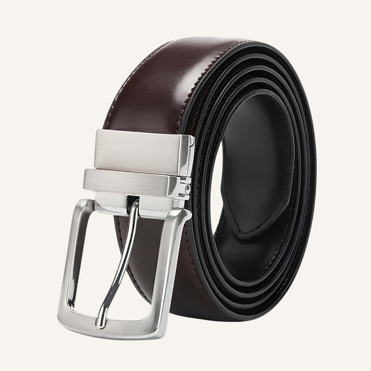 St. Martin Co Reversible Leather Belt Brushed Silver Buckle — front view