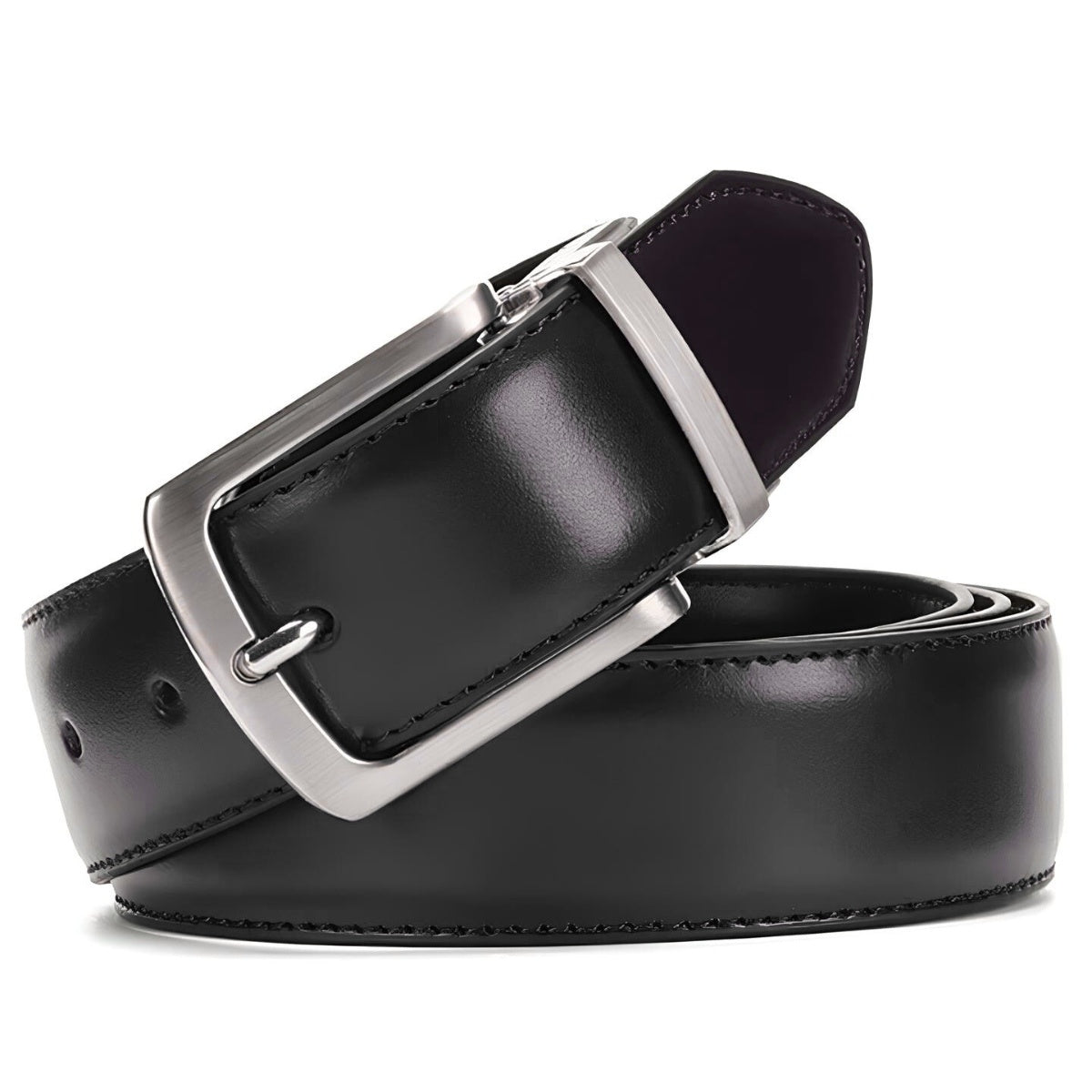 St. Martin Co Reversible Leather Belt Brushed Silver Buckle — detail view