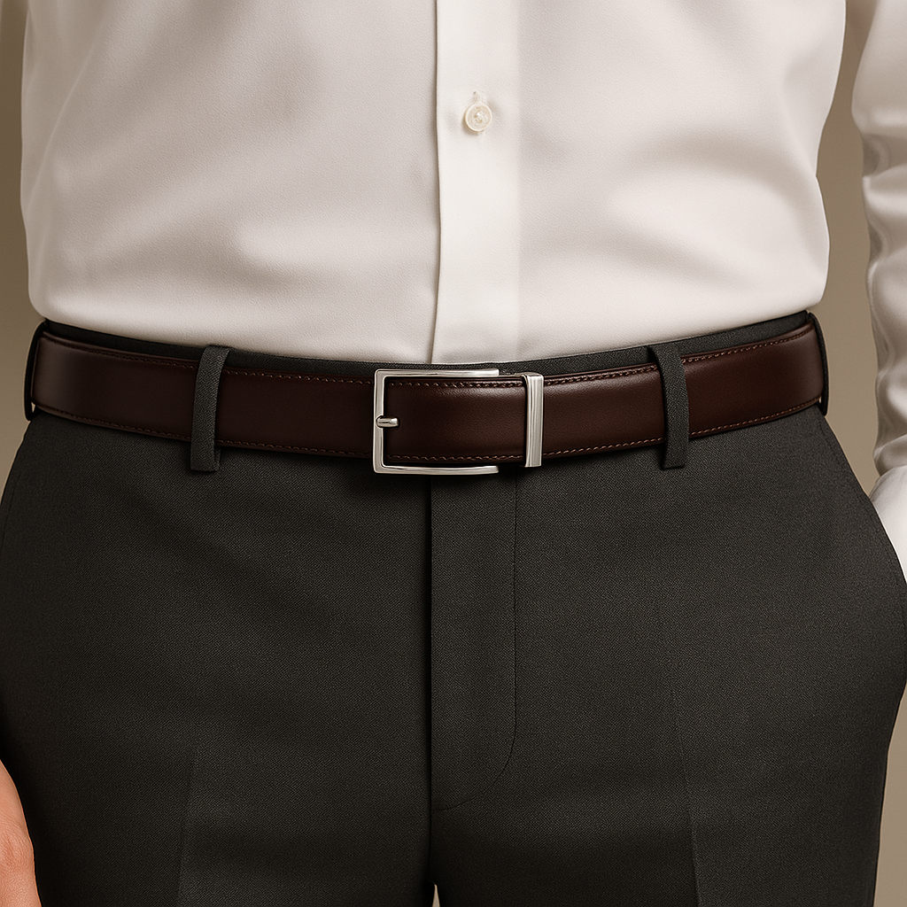 St. Martin Co Reversible Leather Belt Brushed Silver Buckle — back view