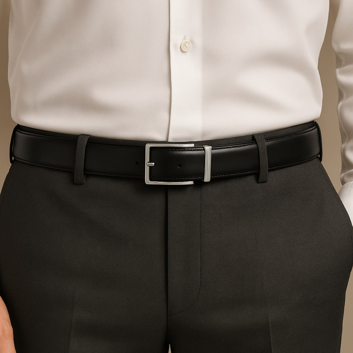 St. Martin Co Reversible Leather Belt Brushed Silver Buckle — detail view