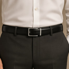 St. Martin Co Reversible Leather Belt Brushed Silver Buckle — detail view