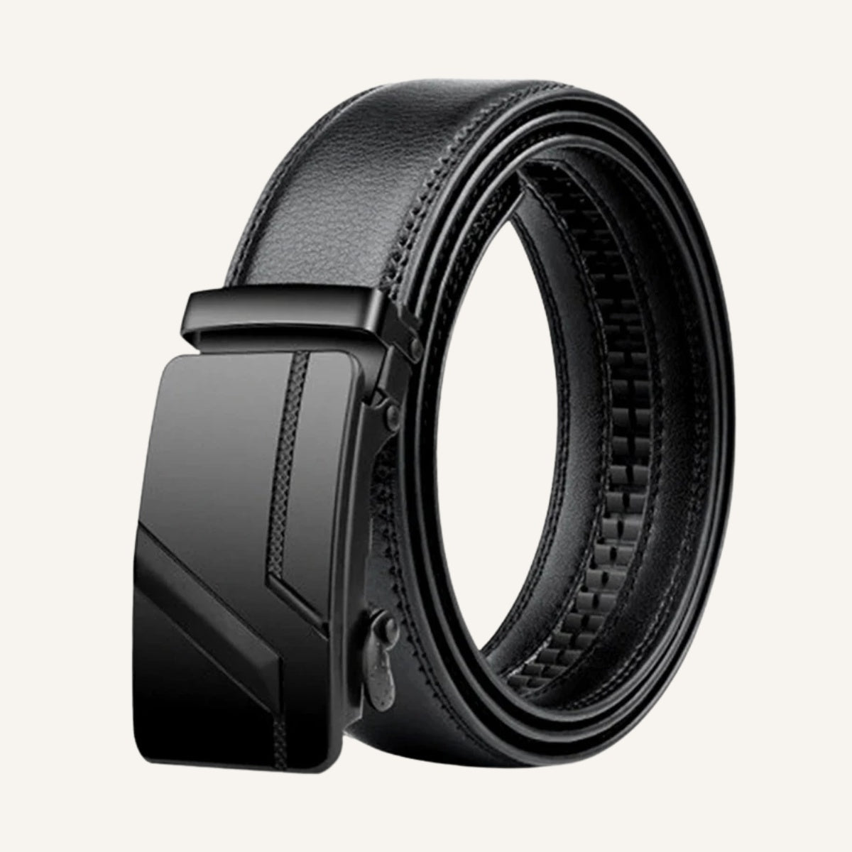St. Martin Co Black Leather Ratchet Belt Matte Buckle — front view