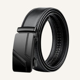 St. Martin Co Black Leather Ratchet Belt Matte Buckle — front view