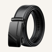 St. Martin Co Black Leather Ratchet Belt Matte Buckle — front view
