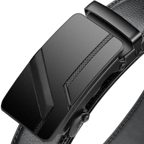 St. Martin Co Black Leather Ratchet Belt Matte Buckle — detail view