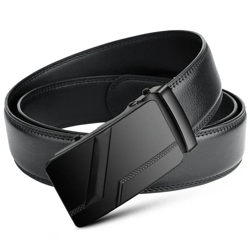 St. Martin Co Black Leather Ratchet Belt Matte Buckle — lifestyle view