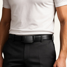 St. Martin Co Black Leather Ratchet Belt Matte Buckle — side view
