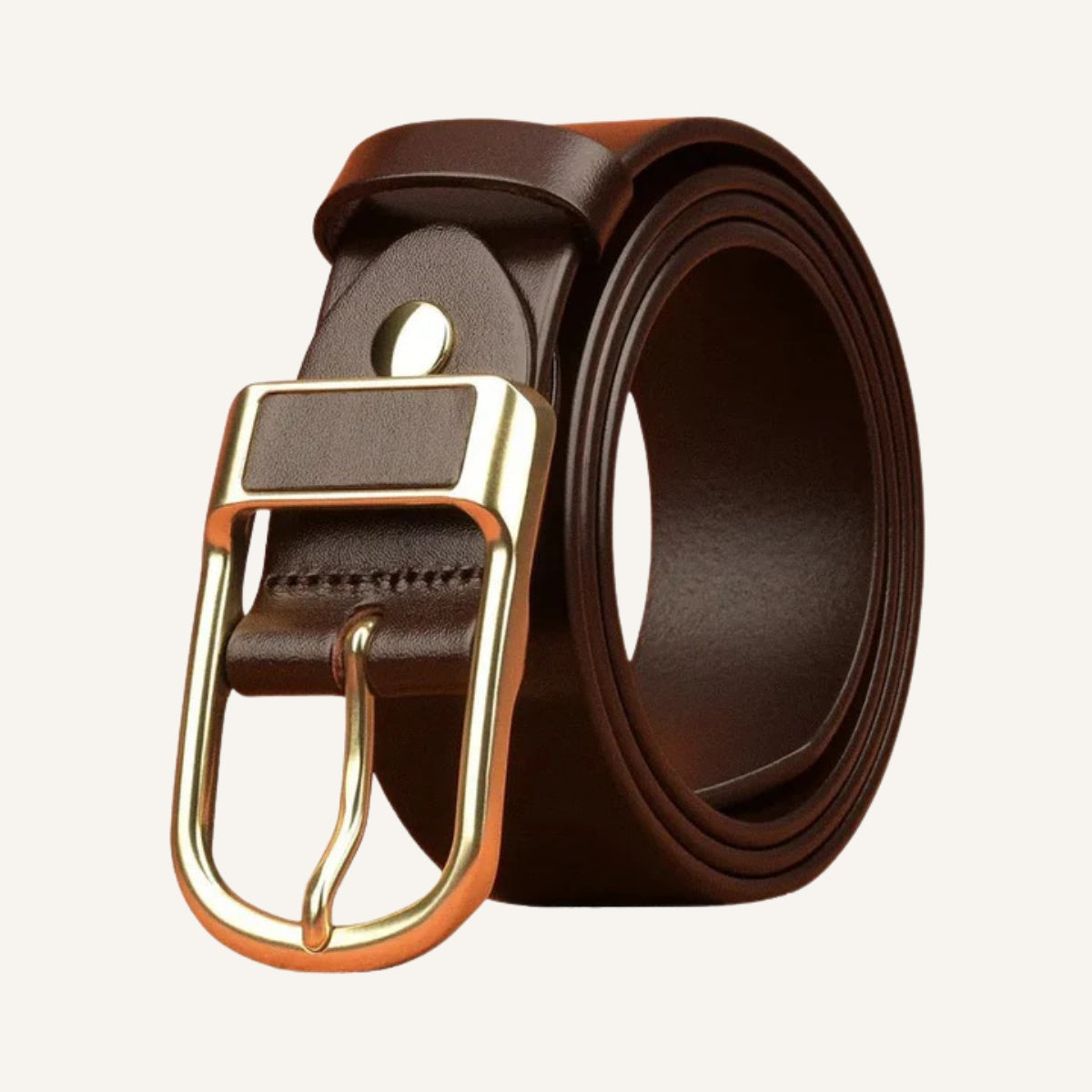 St. Martin Co Dark Tan Leather Belt Brass Pin Buckle — front view