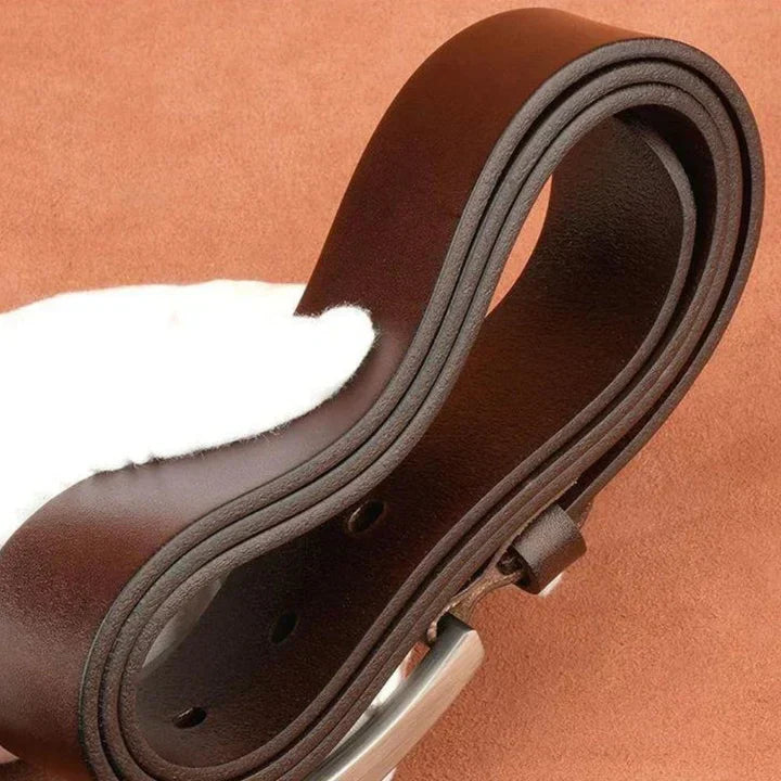 St. Martin Co Dark Tan Leather Belt Brass Pin Buckle — back view
