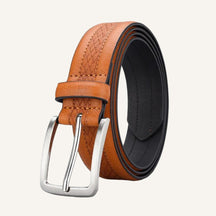St. Martin Co Tan Braided-Stitch Leather Pin-Buckle Belt — detail view