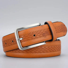 St. Martin Co Tan Braided-Stitch Leather Pin-Buckle Belt — detail view