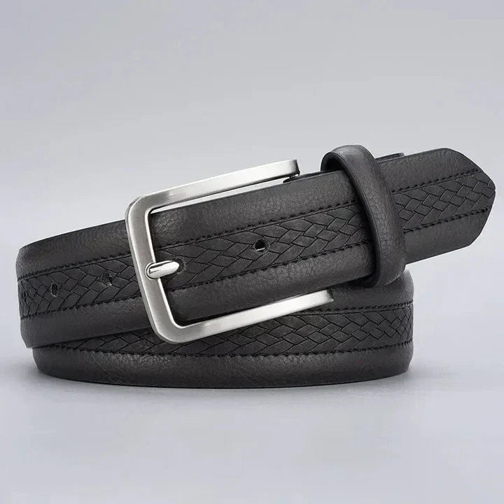 St. Martin Co Tan Braided-Stitch Leather Pin-Buckle Belt — detail view