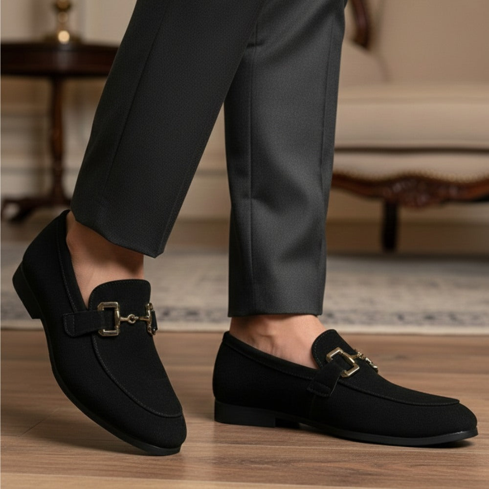 St. Martin Co Black Suede Gold-Bit Dress Loafer — back view