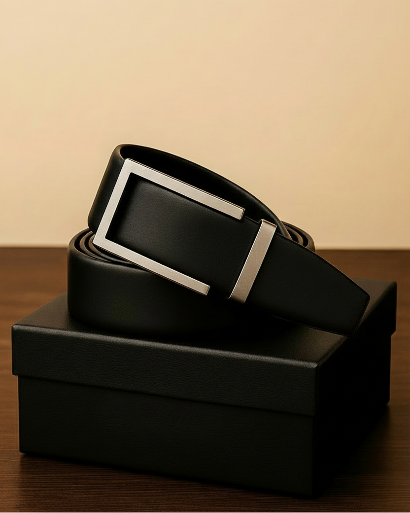 St. Martin Co Black Grain Leather Belt Brushed Silver Buckle — back view