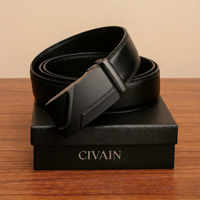 St. Martin Co Black Leather Ratchet Belt Matte Buckle — back view