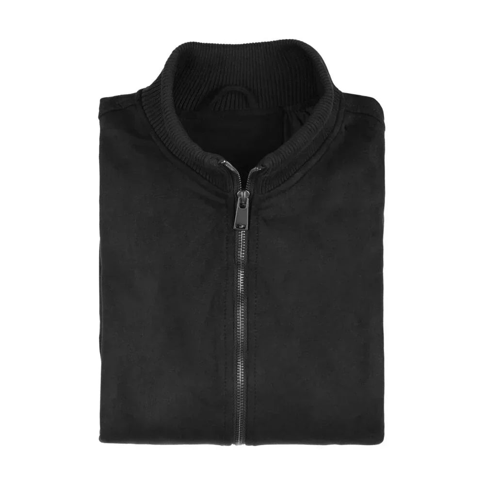 St. Martin Co Black Suede Bomber With Ribbed Trim — detail view