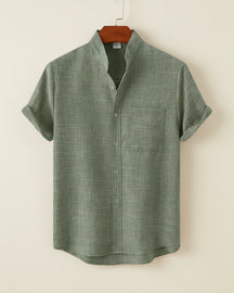 St. Martin Co Sand Linen Mandarin Collar Short-Sleeve Shirt — detail view