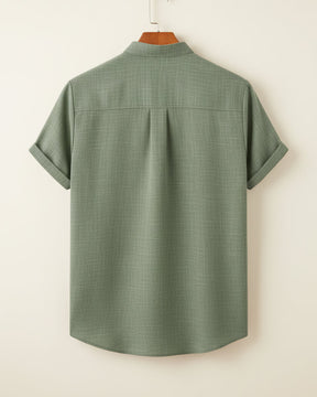 St. Martin Co Sand Linen Mandarin Collar Short-Sleeve Shirt — detail view