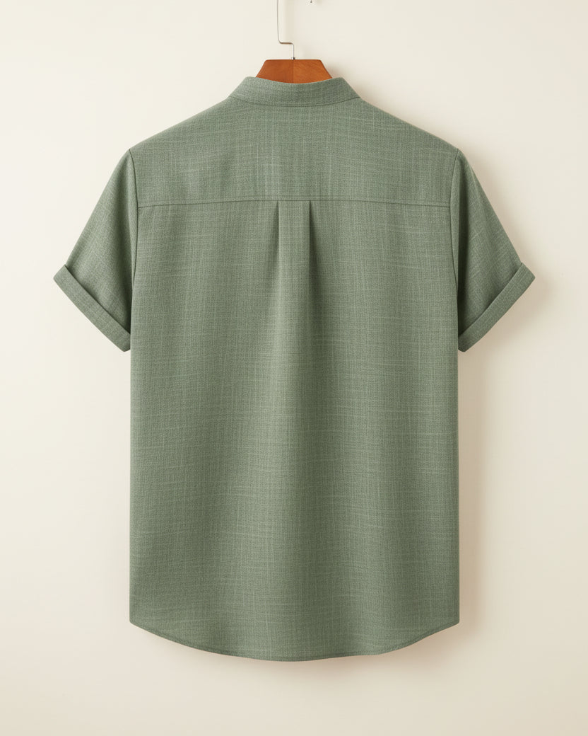 St. Martin Co Sand Linen Mandarin Collar Short-Sleeve Shirt — detail view