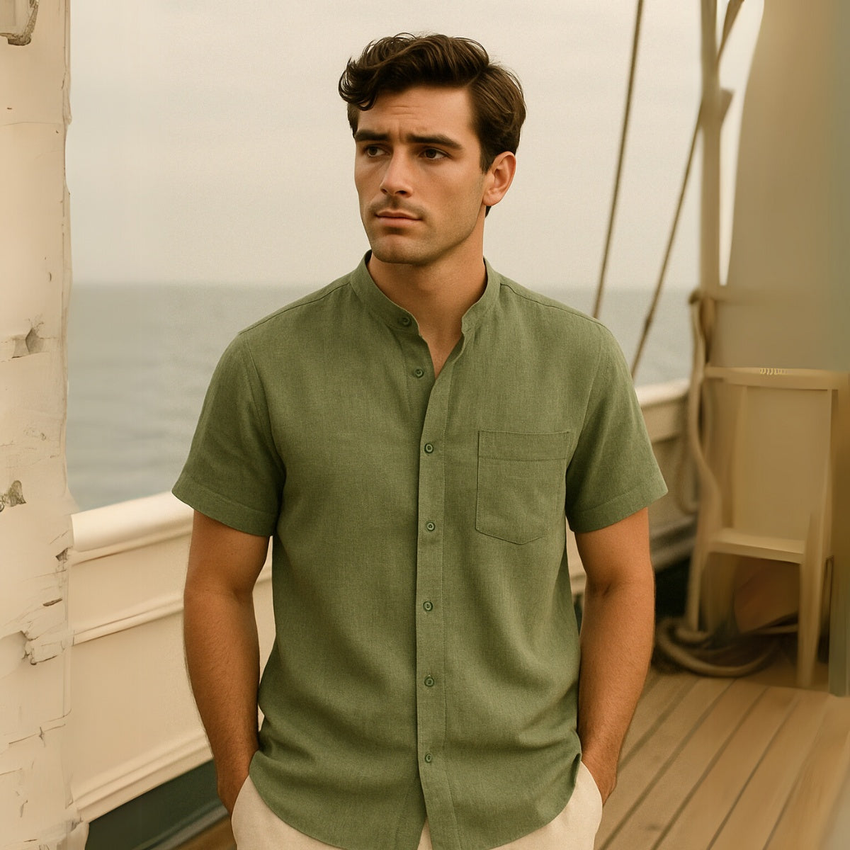 St. Martin Co Sand Linen Mandarin Collar Short-Sleeve Shirt — detail view