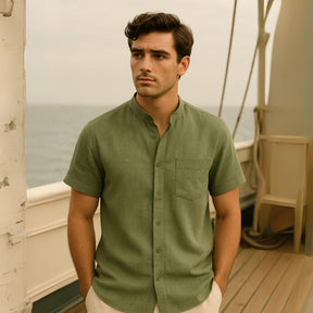 St. Martin Co Sand Linen Mandarin Collar Short-Sleeve Shirt — detail view