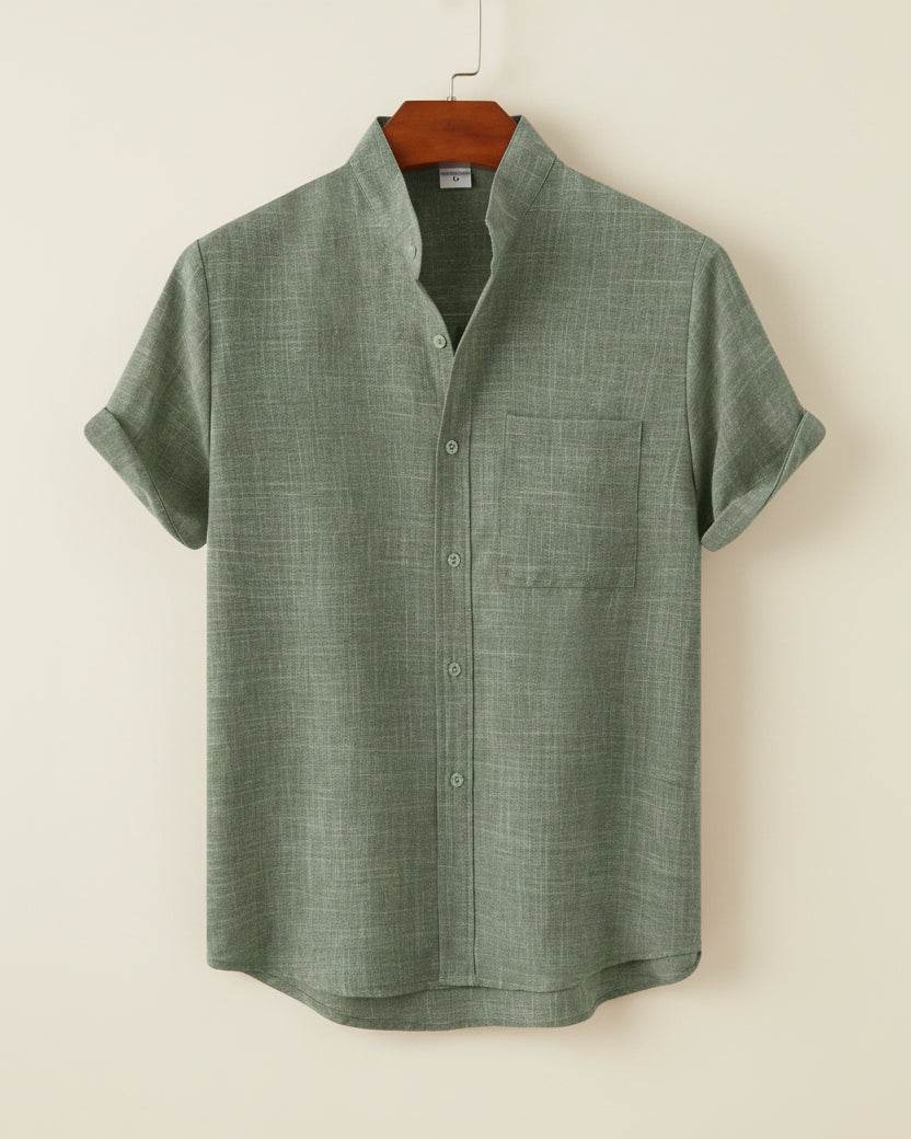 St. Martin Co Sand Linen Mandarin Collar Short-Sleeve Shirt — detail view