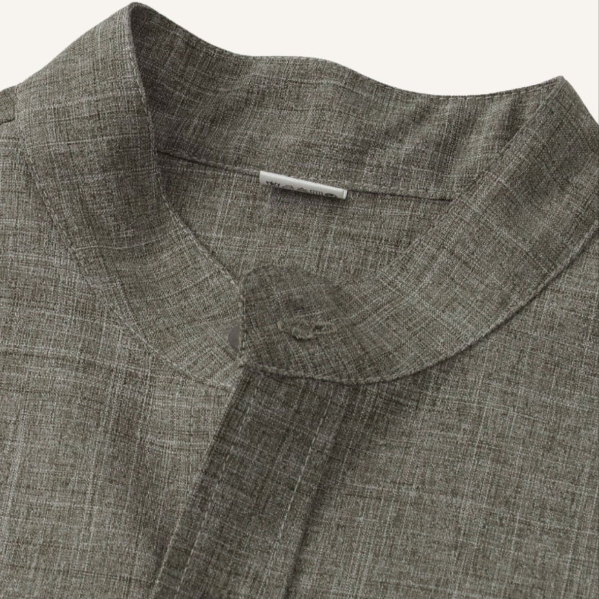St. Martin Co Sand Linen Mandarin Collar Short-Sleeve Shirt — side view