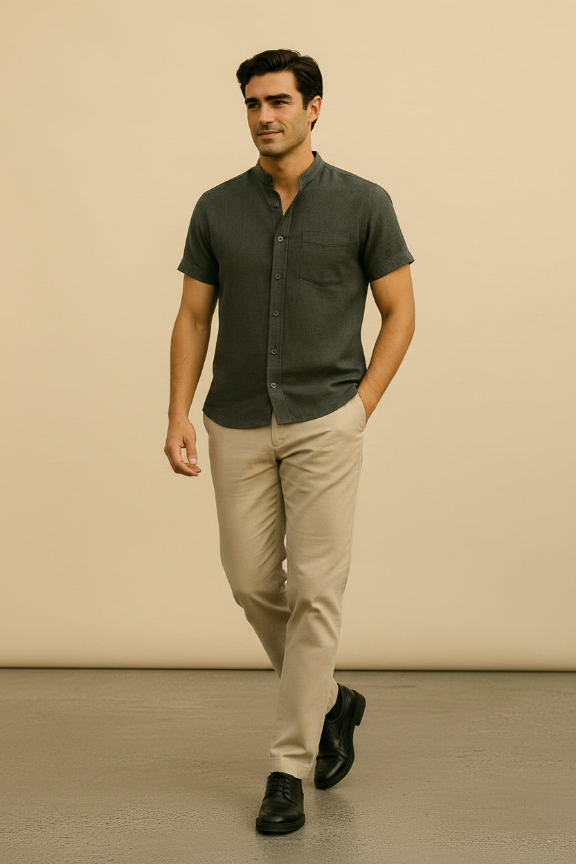 St. Martin Co Sand Linen Mandarin Collar Short-Sleeve Shirt — back view