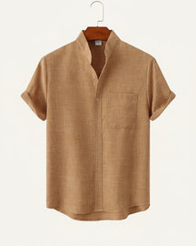 St. Martin Co Sand Linen Mandarin Collar Short-Sleeve Shirt — front view