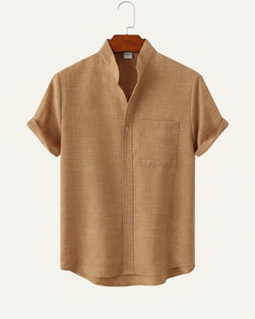 St. Martin Co Sand Linen Mandarin Collar Short-Sleeve Shirt — front view