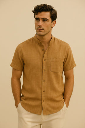St. Martin Co Sand Linen Mandarin Collar Short-Sleeve Shirt — lifestyle view