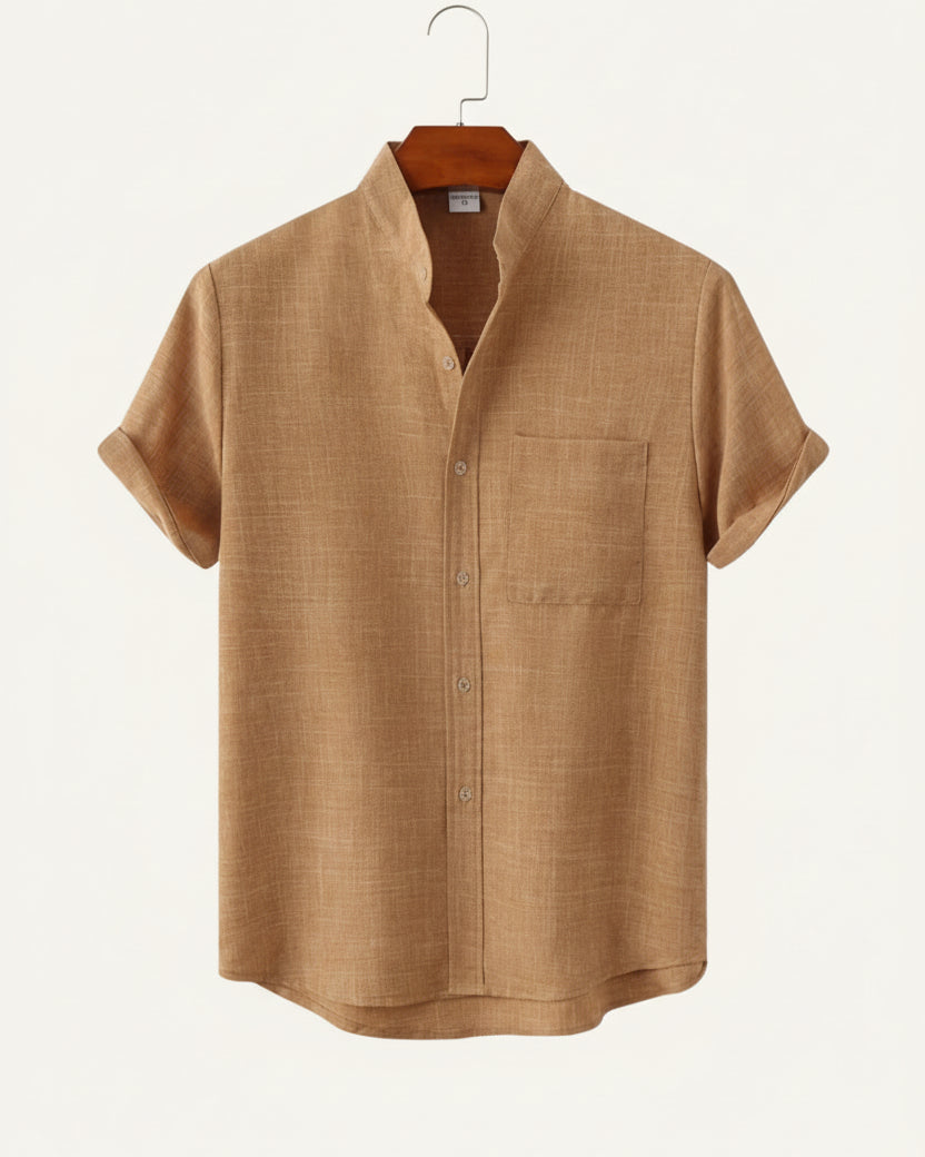 St. Martin Co Sand Linen Mandarin Collar Short-Sleeve Shirt — front view