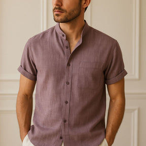 St. Martin Co Sand Linen Mandarin Collar Short-Sleeve Shirt — detail view