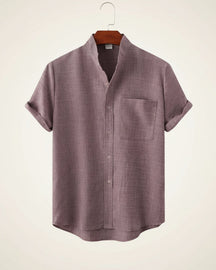 St. Martin Co Sand Linen Mandarin Collar Short-Sleeve Shirt — detail view