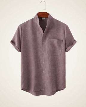 St. Martin Co Sand Linen Mandarin Collar Short-Sleeve Shirt — detail view