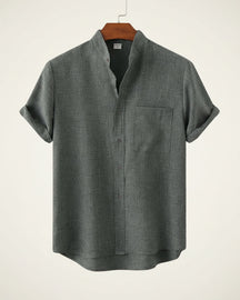St. Martin Co Sand Linen Mandarin Collar Short-Sleeve Shirt — detail view