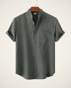 St. Martin Co Sand Linen Mandarin Collar Short-Sleeve Shirt — detail view